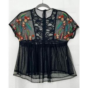 Zara Black/Multi colored Floral Embroidered Sheer Boho Blouse XS